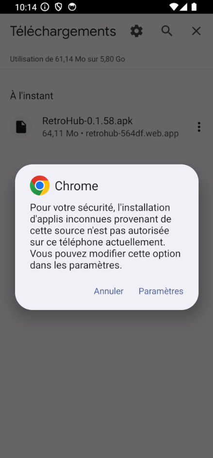 Message d'Android : « Pour votre sécurité, l'installation d'applis inconnues provenant de cette source n'est pas autorisée sur ce téléphone actuellement », avec les boutons « Annuler » et « Paramètres ».