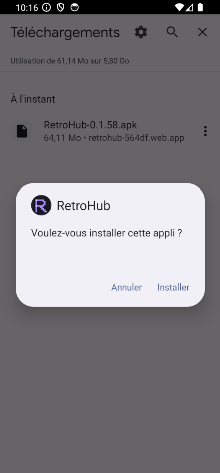 Fenêtre d'installation au nom de RetroHub : « Voulez-vous installer cette appli ? », boutons « Annuler » et « Installer ».