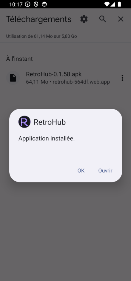 Fenêtre finale : « Application installée », avec les boutons « OK » et « Ouvrir ».